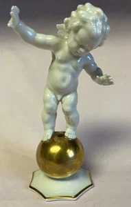 Hutschenreuther K.HaisermannGermany Porcelain Figurine Cherub On Gold Ball 6.25” - Picture 1 of 6