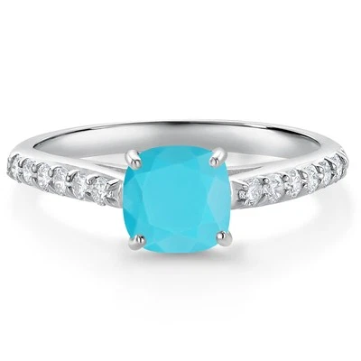 Anillo de compromiso de diamantes cultivados en laboratorio turquesa verde y blanco de oro blanco de 10K para Foto 1 de 4