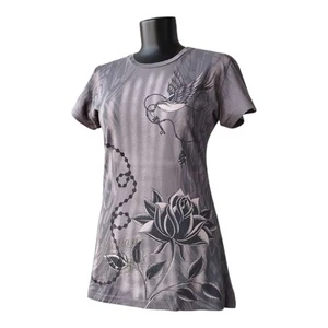 Christian Audigier Shirt Top Short Sleeve Gray Bird Floral Cotton Size M - Picture 1 of 17