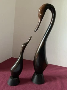 Geschnitzter Vogel Eltern Kind Schwäne MCM Reiher Kranich Küste, Landhaus Strand Holz #rrar - Bild 1 von 16