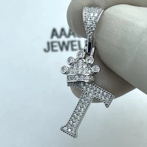 CIONDOLO VERO ARGENTO STERLING 925 MASSICCIO LETTERA INIZIALE T CORONA RE - Foto 1 di 6