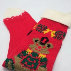 Vintage Strick 24 Zoll Weihnachtsstrumpf Teddybär rot mit weißer Borte an Zehenmanschette Bommeln - Bild 1 von 7