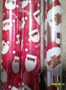 3 NEW rolls Christmas red & silver AFRICAN AMERICAN SANTA gift wrapping paper - Picture 1 of 5