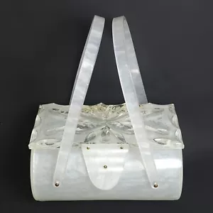 Borsetta scatola botte lucite stile intagliato vintage perla marmorizzata metà secolo LEGGI TUTTO - Foto 1 di 24