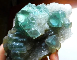 456 g Hexagonal Blue Green Fluorite with Crystals & Calcite from Mongolia - Picture 1 of 12