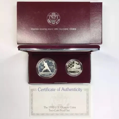 1992 US Mint Olympic Coins Commemorative Coin Proof Set $1 50c with Box & COA Cover