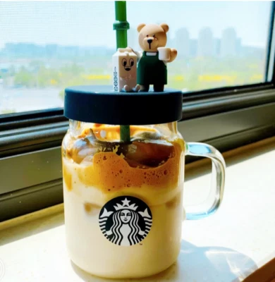 2024 Edición Limitada Starbucks 600 ml Delantal Verde Taza Paja Oso 16OZ Taza Vidrio Foto 1 de 4