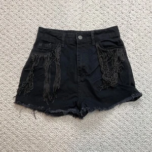 Boohoo Blue Women’s Black Cutoff Jean Shorts Distressed Size 2 Fringed Raw Bots - Picture 1 of 9
