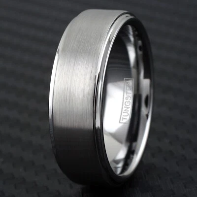 8mm Tungsten Men's Ring Brushed Center Step Edge Wedding Band - Image 1 of 4