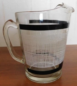 Vintage Hazel Atlas MCM White Burlap with Black Stripe Glass Pitcher - Picture 1 of 4