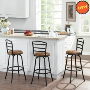 Set of 3 Swivel Bar Stools Adjustable Height Chairs Black for Home Kitchen Bar - Picture 1 of 17