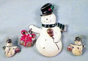 Snowman & Present Necklace Pendant & Pierced Earrings Enamel Christmas Jewelry - Picture 1 of 3