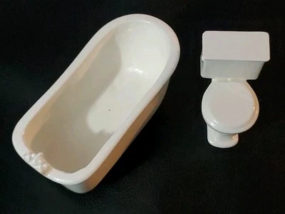 Vintage Miniature Dollhouse Ceramic Bathtub And Toilet Set - Image 1 of 4