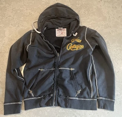 Moletom com capuz True Religion tamanho G logotipo zíper completo porta-copos oeste azul marinho desgastado - Imagem 1 de 4