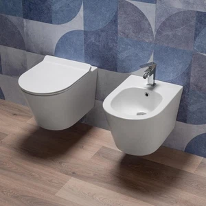 Coppia Sanitari bagno filo muro in Ceramica Bianco Lucido WC Rimless e Bidet - Foto 1 di 24