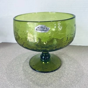 Vtg Blenko Glass Green Pedestal Vase Bowl Crackle MCM 70s Sticker Cracked Ice BC - Picture 1 of 9