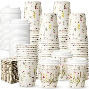 100 Set Tazzine da Caffè Monouso Floreali 8oz con Coperchi e Manici Wildflower P... - Foto 1 di 6
