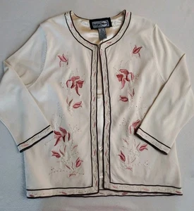 INDIGO MOON Art to Wear Cardigan Sweater M Floral Embroirdered Beaded Grandma - Picture 1 of 11