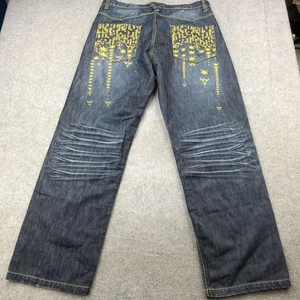Miskeen Jeans Mens 36 Blue Dark Wash Straight Leg Space Invaders Pixel Print - Picture 1 of 13