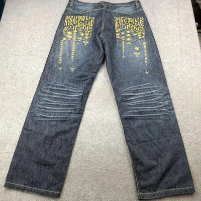 Miskeen Jeans Mens 36 Blue Dark Wash Straight Leg Space Invaders Pixel Print - Image 1 of 4