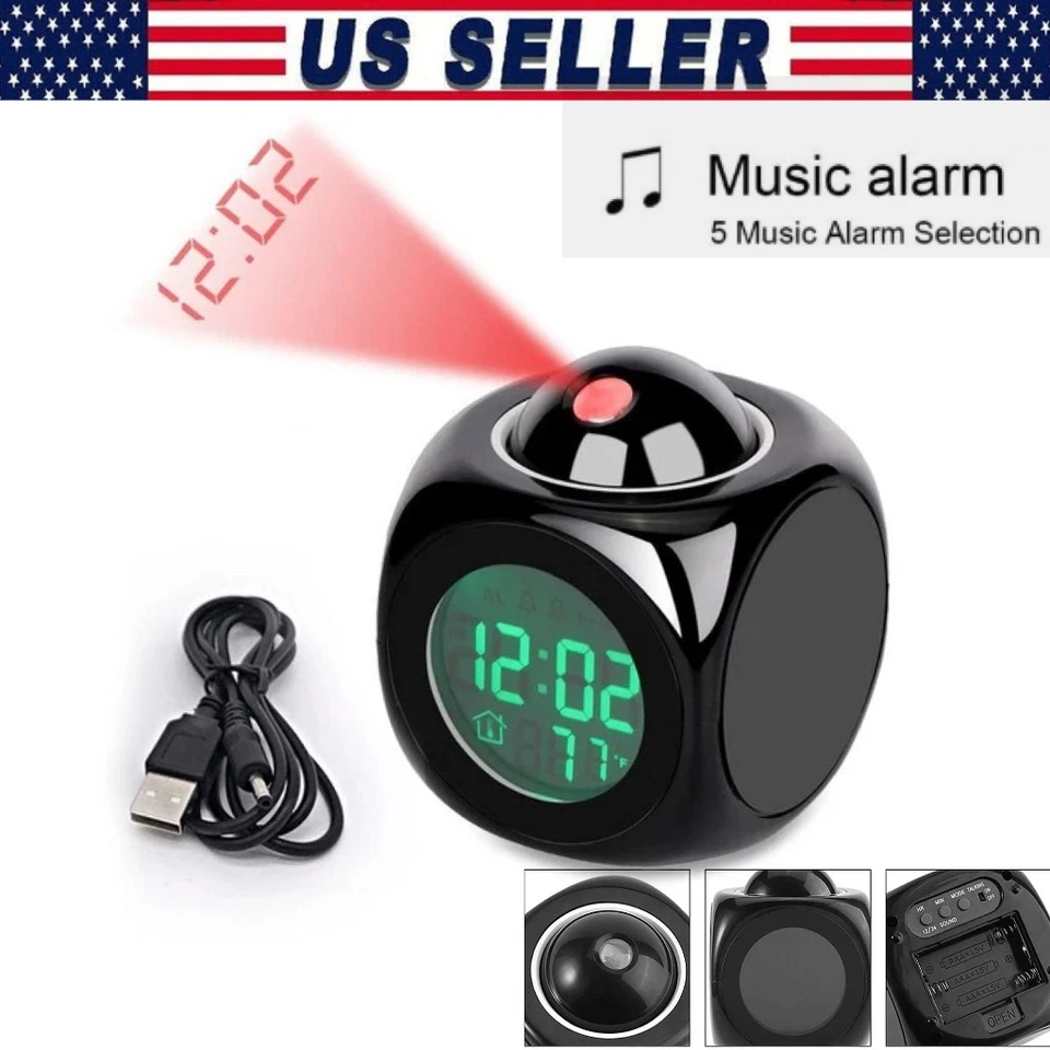 LED Projection Alarm Clock Digital LCD Display Voice Talking Weather Snooze USB - Image 1 of 4