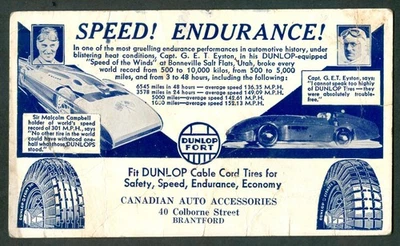 1935 MALCOLM CAMPBELL & GEORGE EYSTON Land SPEED Record DUNLOP TIRES Card Canada - Image 1 of 2
