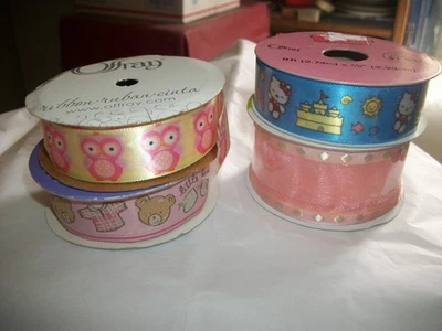 Variety of Satin 1 inch Ribbon.Owls, New Hello Kitty, Baby Bears, & New 2 " Pink - Image 1 of 4