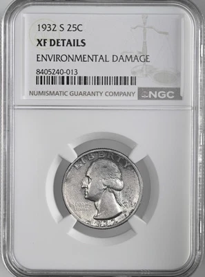1932-S 25C WASHINGTON SILVER QUARTER  NGC XF DETAILS "ENVIRO DAMAGE" 8405240-013 - Image 1 of 4