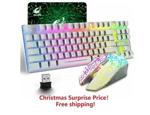 US Rechargeable Wireless Gaming Keyboard Mouse Combo 87 Key Rainbow LED Backlit 