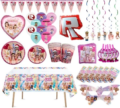 Roblox Gaming tableware set pink plates kids birthday party balloons decorations