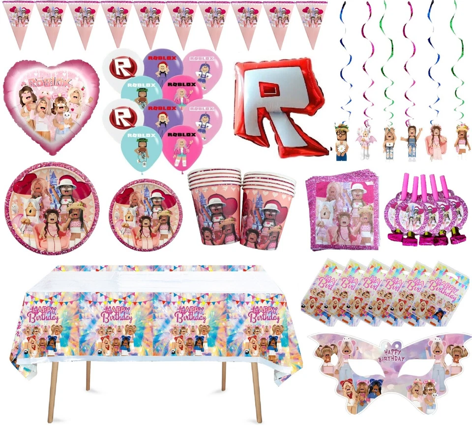 Roblox Juego Vajilla Juego Platos Rosa Niños Cumpleaños Fiesta Globos Decoraciones Foto 1 de 1