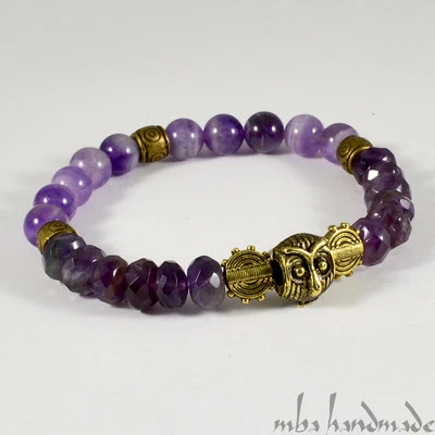 Pulsera de cuentas de cristal amatista facetado para hombre con dije de búho - MBA hecha a mano Foto 1 de 2