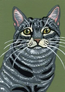 ACEO ATC Original Miniatur Gemälde grau getischte Katze Haustier Kunst - C. Smale - Bild 1 von 2