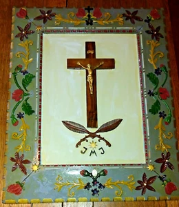 Wonderful Vintage Folk Art Crucifix Icon In Hand Carved Custom Wall Mount Frame - Picture 1 of 7