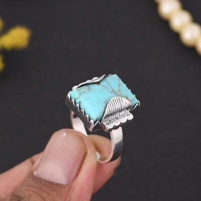 Anillo de compromiso cuadrado Kingman turquesa plata esterlina maciza Foto 1 de 4