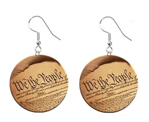 Preamble to Constitution Patriot Button Earrings Jewelry 1" Dangle MADE IN USA - Picture 1 of 2