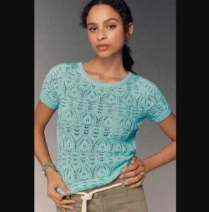 NWOT women's L By Anthropologie crochet stitched knitted t-shirt top blue green - Picture 1 of 11
