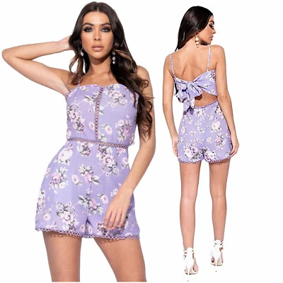 Kurze Damen Overall Mit Floral Lila Spitze Und Schleife Neu - Bild 1 von 4