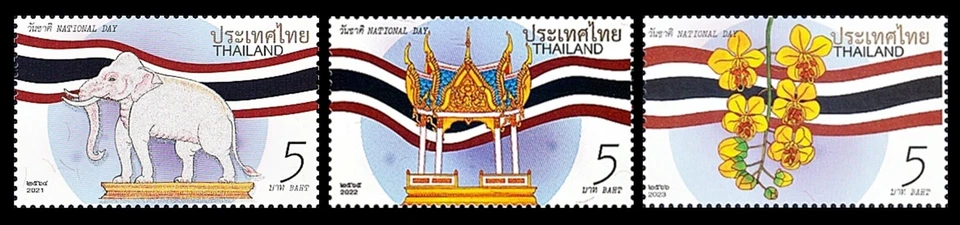 Tailandia 2023 Día Nacional - La Pintura de 3 Símbolos Nacionales y Bandera Tailandesa ST Foto 1 de 1