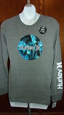 NWT - HURLEY Long Sleeve T-Shirt, Youth Size Large, Gray / Blue Tropical Graphic - Image 1 of 4