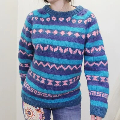 Suéter de Lana Colorido Vintage Años 80 - Suéter de Lana Rosa Azul Marino Verde Azulado Foto 1 de 4