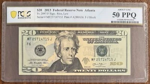 $20 2013 FEDERAL RESERVE NOTE ATLANTA PCGS 50PPQ FR.2097-F RIOS LEW - Picture 1 of 2