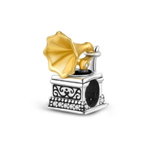 Genuine 925 Sterling Silver Gramophone Charm Music Record Bead Musician Pendant - Picture 1 of 2