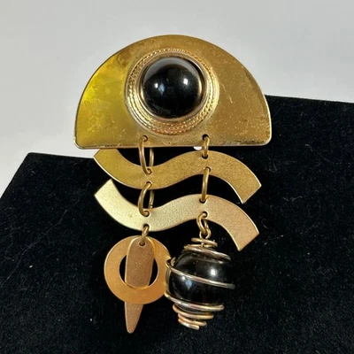 Modernist Statement Brooch Black Stone Gold Tone Dangle Abstract Vintage Style - Image 1 of 4