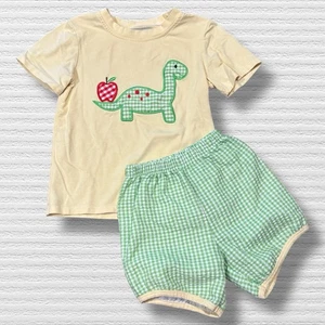 Back To School Dinosaurier Apfel gelb grün Gingham Short Set Größe 3t - Bild 1 von 5