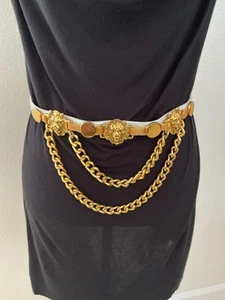 Simon Vintage Leather Gold Lions Head Chained Belt Made in Italy Size M - Picture 1 of 17