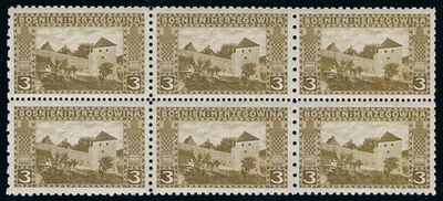 B&D: 1906 Bosnia & Herzegovina Scott 32d, perf 12.5 x 9.25 x 6.5, block of 6 MNH - Image 1 of 2