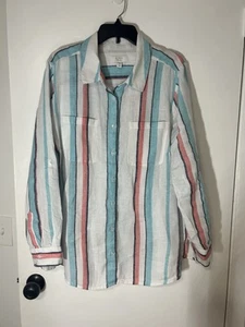 Charter Club 100% Linen Hampton Stripe Tab-Sleeve Button Front Shirt Size 2X - Picture 1 of 14