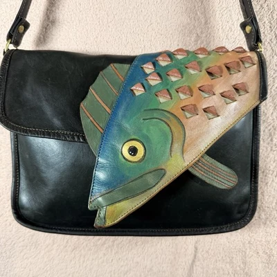 Turtle Ridge Black Leather Rainbow Trout Hand Tooled Crossbody Bag Door County - Image 1 of 4