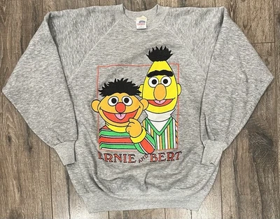 Vintage 80s Sesame Street Ernie & Bert XL Crewneck Sweater Gray - Image 1 of 3